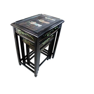 Solid Wood Black Lacquer Finish Nest of 3 Table With Geisha Inlaid With Mother Of Pearl Horse Shoe Leg  Design Glass Top - LK-HA/1948