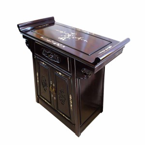 Dark Cherry Rosewood Chinese Altar Cabinet Grape Carvings With Mother Of Pearl Inlaid - 