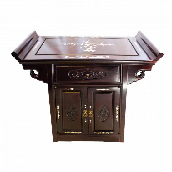 Dark Cherry Rosewood Chinese Altar Cabinet Grape Carvings With Mother Of Pearl Inlaid - LK 0000154 C3.5