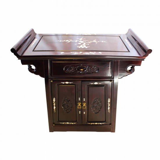 Dark Cherry Rosewood Chinese Altar Cabinet Grape Carvings With Mother Of Pearl Inlaid - 