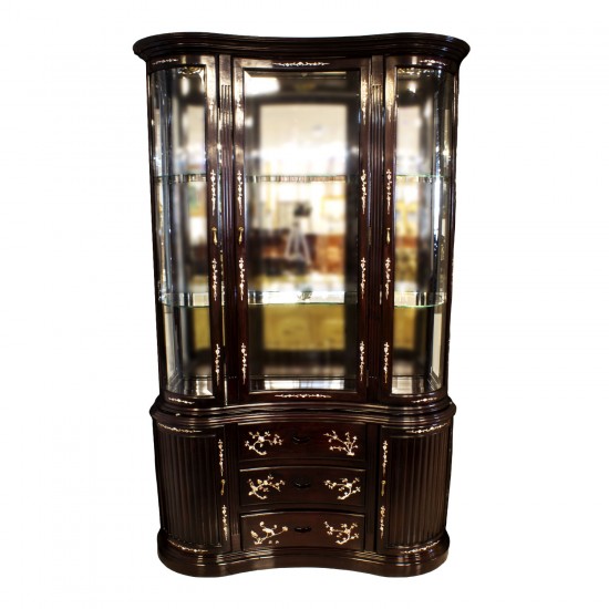 Rosewood Kidney Shape Display Cabinet with Mother of Pearls Inlaid Dark Cherry Finish - LK040004774M