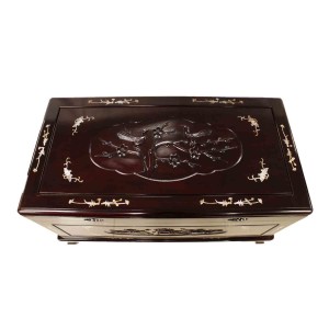 LK 08-000254L Solid Rosewood Camphor Chest Inbuilt Flower And Bird Carvings With Mother of Pearl Inlaid and Dark Cherry color