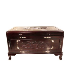 LK 08-000254L Solid Rosewood Camphor Chest Inbuilt Flower And Bird Carvings With Mother of Pearl Inlaid and Dark Cherry color