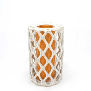 Asian Art Hand Crafted Reticulated Double Wall Porcelain Vase Spider Web White Orange -  LK12V-BGDV02