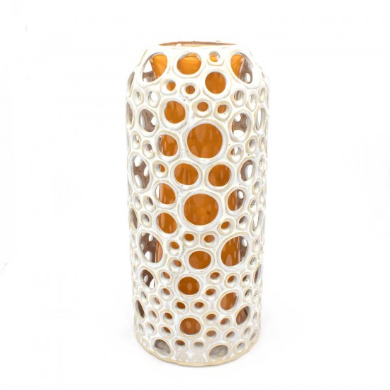 Asian Art Hand Crafted Reticulated Double Wall Porcelain Vase White Orange LK12V-BGDV04