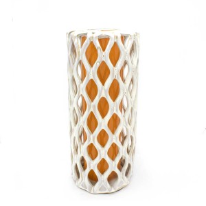 Asian Art Hand Crafted Reticulated Double Wall Porcelain Vase Spider Web White Orange -  LK14V-ORV01
