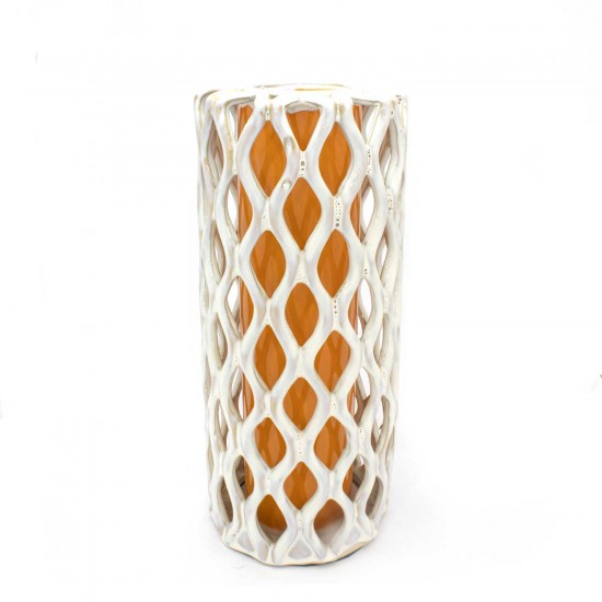 Asian Art Hand Crafted Reticulated Double Wall Porcelain Vase Spider Web White Orange -  LK14V-ORV01