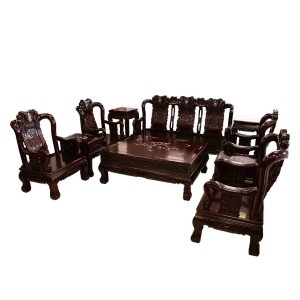 Solid Rosewood Sofa & Chair 10 Pcs Set Peach Open Carvings With Mother Of Pearls Inlaid Dark Cherry Red Finish - LK77/000254/10