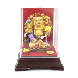 Golden Color Laughing Buddha On Money Bag Holding RU YI, Ingot  And Coin Inside Transparent Gift Box With Red Velvet For Gifting - LKBUDDHASM01