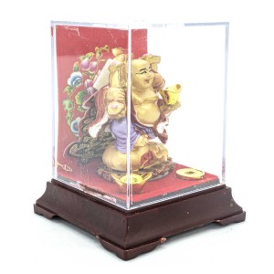 Golden Color Laughing Buddha On Money Bag Holding RU YI, Ingot  And Coin Inside Transparent Gift Box With Red Velvet For Gifting - LKBUDDHASM01