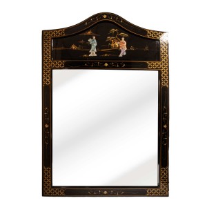 Black Lacquer Wood Panel Oriental Mirror With Maiden Figure From Mother Of Peral Arched Top - LKH5168-01