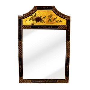 Black Lacquer Hand Painted Oriental Mirror With Arched Top Floral Design Gold Color Plating - LKH5168-02