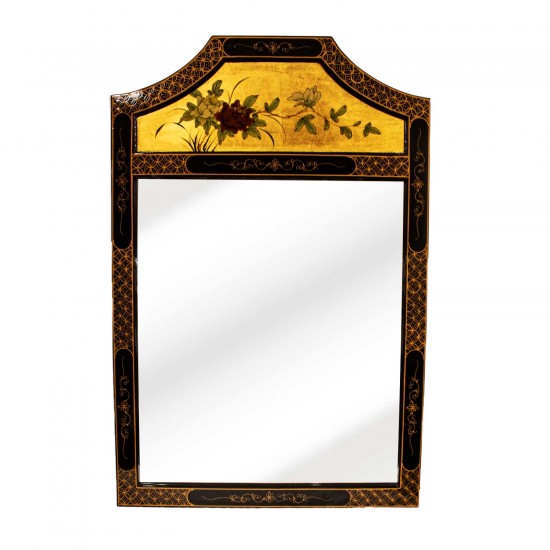 Black Lacquer Wood Panel Oriental Mirror With Arched Top Floral Design Gold Color Plating - LKH5168-02