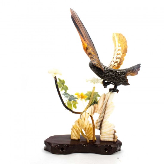 Artificial Jade Eagle On Cliff & Floral Design Figurines Wooden Platform Home Decor - NS-JADECLEAG01