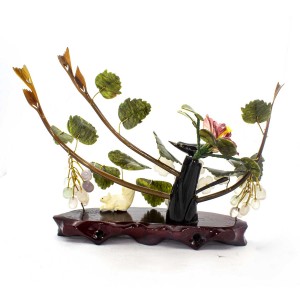 Artificial Jade Figurines Animals, Birds and Grapes With Flower Plant Carved In Jade Stone On Wood- NS-JADEGR-02