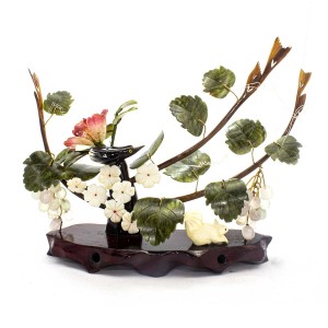 Artificial Jade Figurines Animals, Birds and Grapes With Flower Plant Carved In Jade Stone On Wood- NS-JADEGR-02