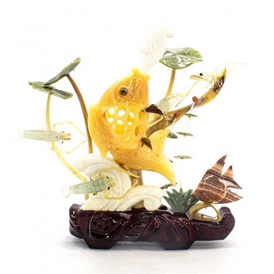 Home Decor Sea Life Made Of Artificial Jade Shrimps & Fish With Corals & Plants On Wooden Platform - Medium - NS-JADESEACR03