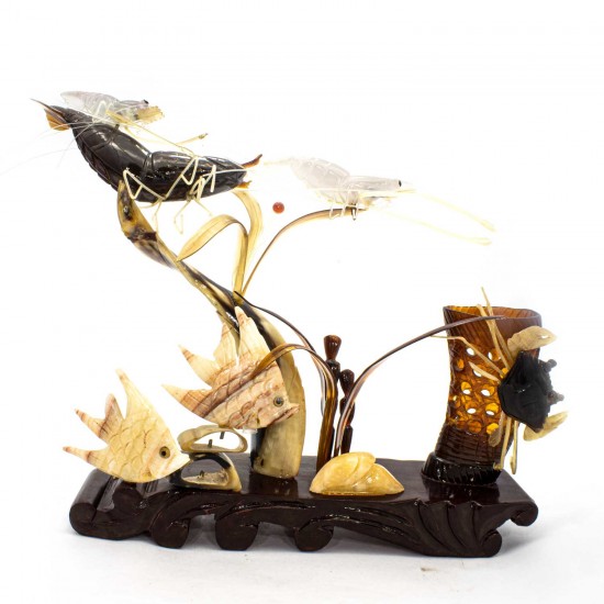 Artificial Jade Ocean Life Shrimps, Fishes & Crab Figurines On Wooden Platform Small - NS-JADESEACR05