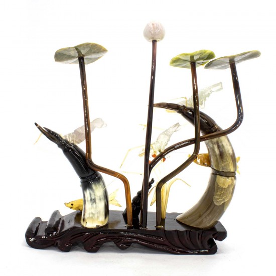 Artificial Jade Sea Life Figurines Shrimps & Fish With Sea Horns On Wooden Platform Medium - NS-JADESEACR06