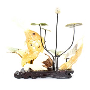 Artificial Jade Sea Life Figurines Shrimps & Fish With Lotus Leaves On Wooden Platform Medium - NS-JADESEACR07