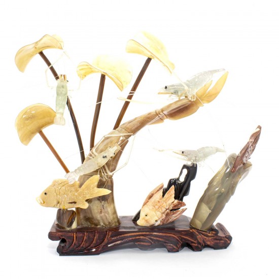 Artificial Jade Sea Life Figurines Shrimps & Fish With Sea Horns On Wooden Platform Medium - NS-JADESEACR08