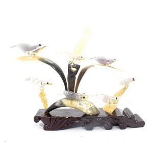 Artificial Jade Sea Life Figurines Shrimps & Fish With Sea Horns On Wooden Platform Medium - NS-JADESEACR11