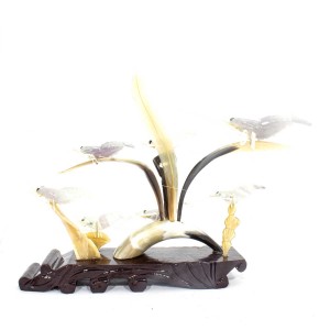 Artificial Jade Sea Life Figurines Shrimps & Fish With Sea Horns On Wooden Platform Medium - NS-JADESEACR11