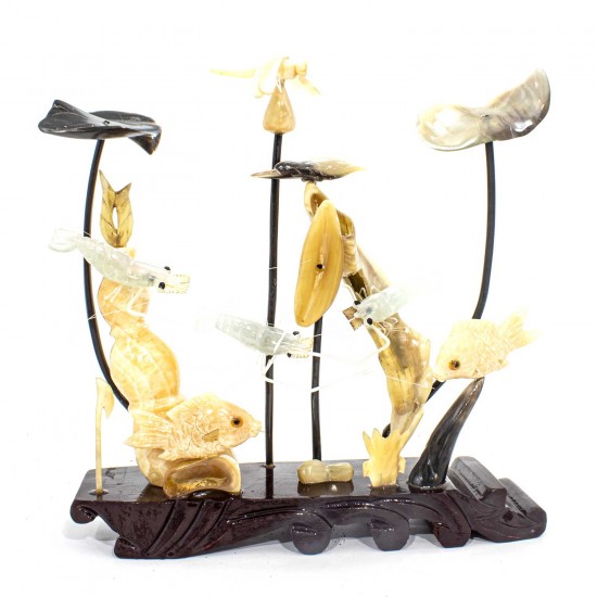 Artificial Jade Sea Life Figurines Shrimps & Fish With Sea Horns And Lotus Leaves Dragon Fly On Wooden Platform Medium - NS-JADESEACR14