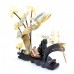 Artificial Jade Sea Life Figurines Shrimps & Fish With Sea Horns And Lotus Leaves On Wooden Platform Medium - NS-JADESEACR15