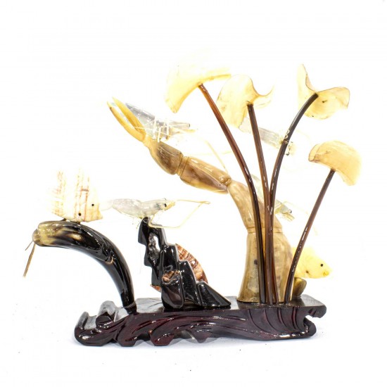 Artificial Jade Sea Life Figurines Shrimps & Fish With Sea Horns And Lotus Leaves On Wooden Platform Medium - NS-JADESEACR15