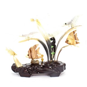 Artificial Jade Sea Life Figurines Shrimps & Fish With Sea Horns On Wooden Platform Small - NS-JADESEACR17