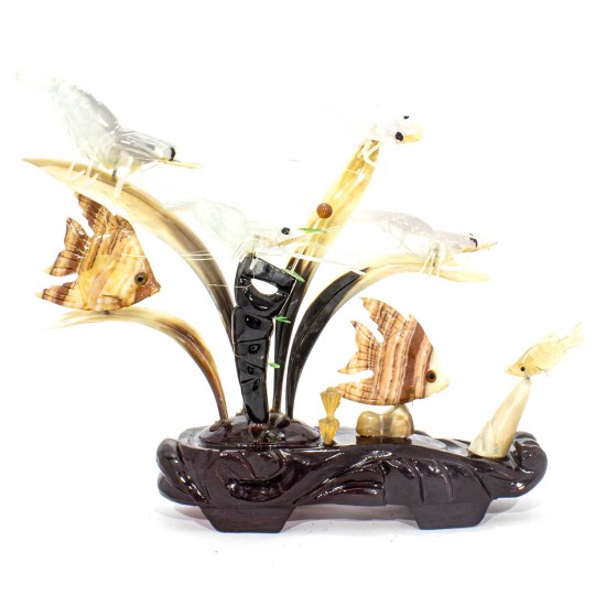 Artificial Jade Sea Life Figurines Shrimps & Fish With Sea Horns On Wooden Platform Small - NS-JADESEACR17