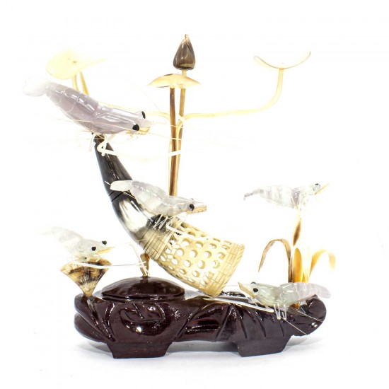 Artificial Jade Sea Life Figurines Shrimps & Fish With Sea Horns And Lotus Leaves On Wooden Platform Medium - NS-JADESEACR19