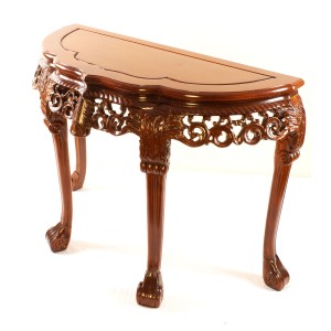 Tiger Leg Deep Carved Halfmoon Table Floral Design with Natural Finish