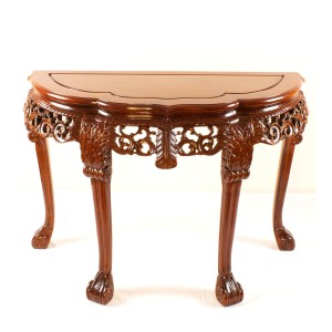 Tiger Leg Deep Carved Halfmoon Table Floral Design with Natural Finish