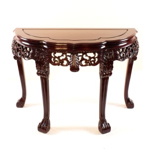 LK 31/0016/3.5 Half moon Table with Floral Design and Tiger Leg, Deep Carved Mahogany Finish.