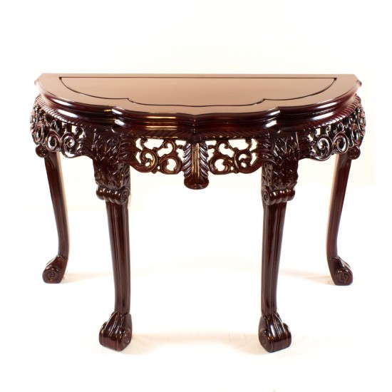 LK 31/0016/3.5 Half moon Table with Floral Design and Tiger Leg, Deep Carved Mahogany Finish.