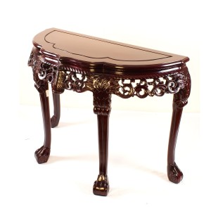 LK 31/0016/3.5 Half moon Table with Floral Design and Tiger Leg, Deep Carved Mahogany Finish.