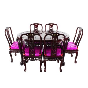 Rose Wood 6 Seater Oval Dining Set with Mother of Pearls Inlaid,Tiger Leg and Grape carving Design