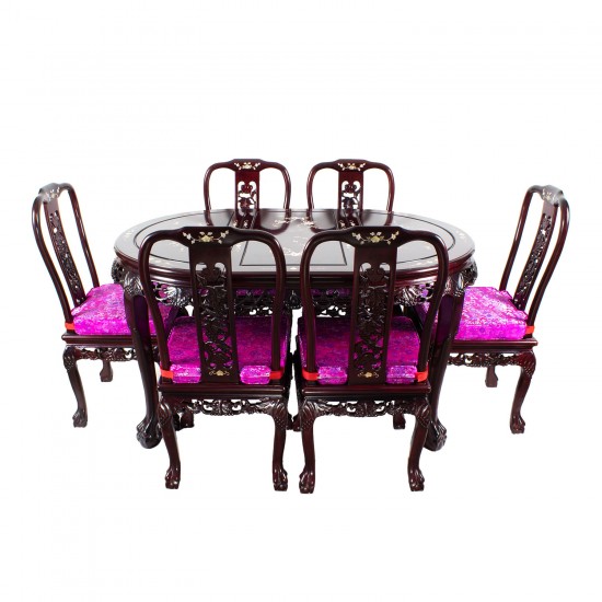Rose Wood 6 Seater Oval Dining Set with Mother of Pearls Inlaid,Tiger Leg and Grape carving Design