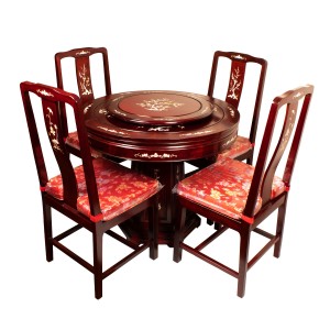 Mother of Pearls Inlaid Rosewood Round Dining Table and 4 Pcs Side Chair with Mahagony Finish