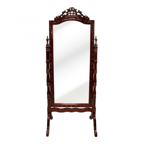 Dark Cherry Solid Rosewood Floral Carving Vertical Standing Mirror - SW MIR