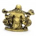 Small Brass Color Poly Travelling Buddha With Staff Holding Big Coin And Treasure On RU YI On Shoulder -  YC- BUDCNWB01