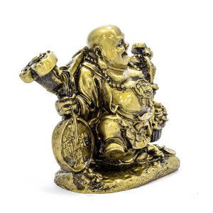 Small Brass Color Poly Travelling Buddha With Staff Holding Big Coin And Treasure On RU YI On Shoulder -  YC- BUDCNWB01