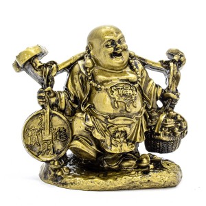 Small Brass Color Poly Travelling Buddha With Staff Holding Big Coin And Treasure On RU YI On Shoulder -  YC- BUDCNWB01