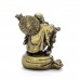 Small Brass Color Poly Resin Travelling Laughing Buddha On Base Holding Staff With Strings Of Coins And Wealth Bag Signifies A Safe, Fruitful And Rewarding Journey YC-BUDWB01