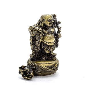 Small Brass Color Poly Resin Travelling Laughing Buddha On Base Holding Staff With Strings Of Coins And Wealth Bag Signifies A Safe, Fruitful And Rewarding Journey YC-BUDWB01