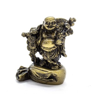 Small Brass Color Poly Resin Travelling Laughing Buddha On Base Holding Staff With Strings Of Coins And Wealth Bag Signifies A Safe, Fruitful And Rewarding Journey YC-BUDWB01