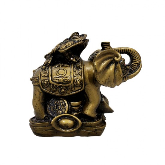 Handmade Poly Brass Color Elephant and Frog Animal Figurine Statue - YCELFG