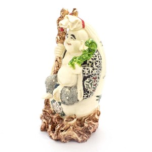 Porcelain Handmade Colorful Laughing Buddha In Robe Sitting On Wood Log With RU YI Long Life And Good Health YJLB-STLOG01